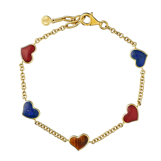 Five Station Gemstone Heart Sterling Silver Bracelet with 18K Gold Vermeil