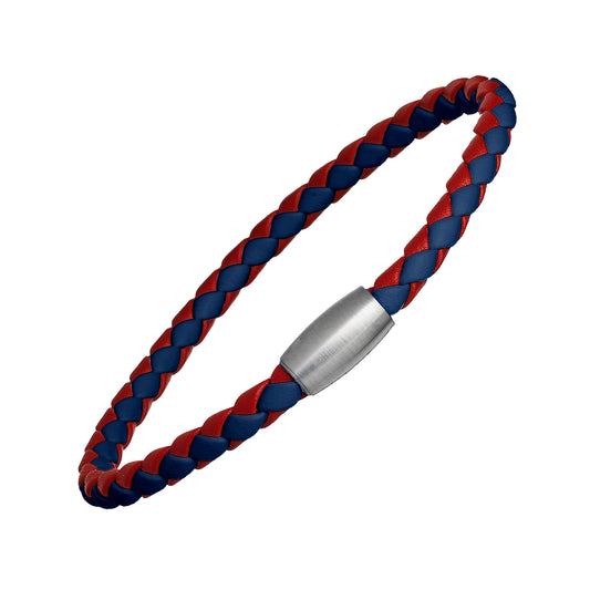 Woven Blue and Red Leather Bracelet with Magnetic Closure