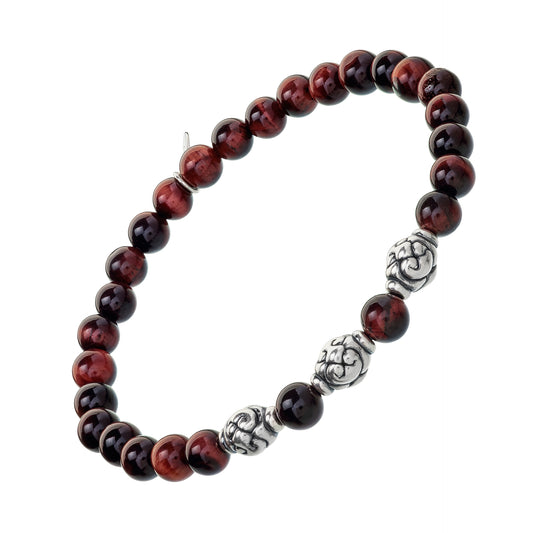 Red Tiger's Eye Beaded Elastic Sterling Bracelet