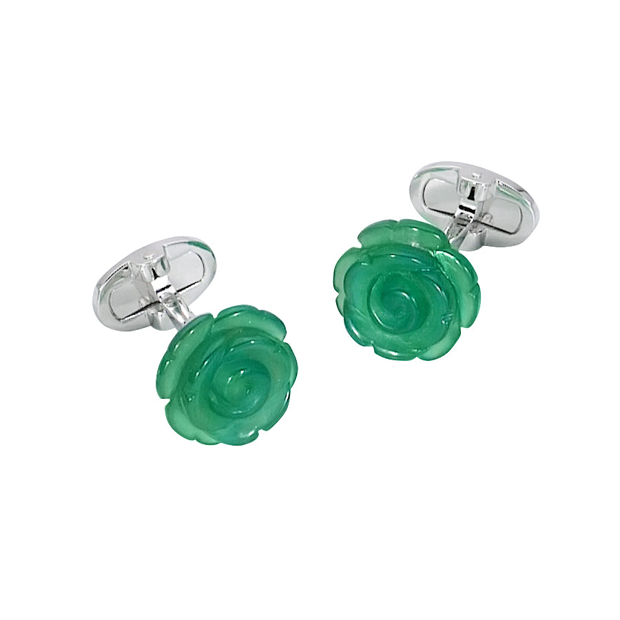 Rose Carved Green Onyx Sterling  Cufflinks