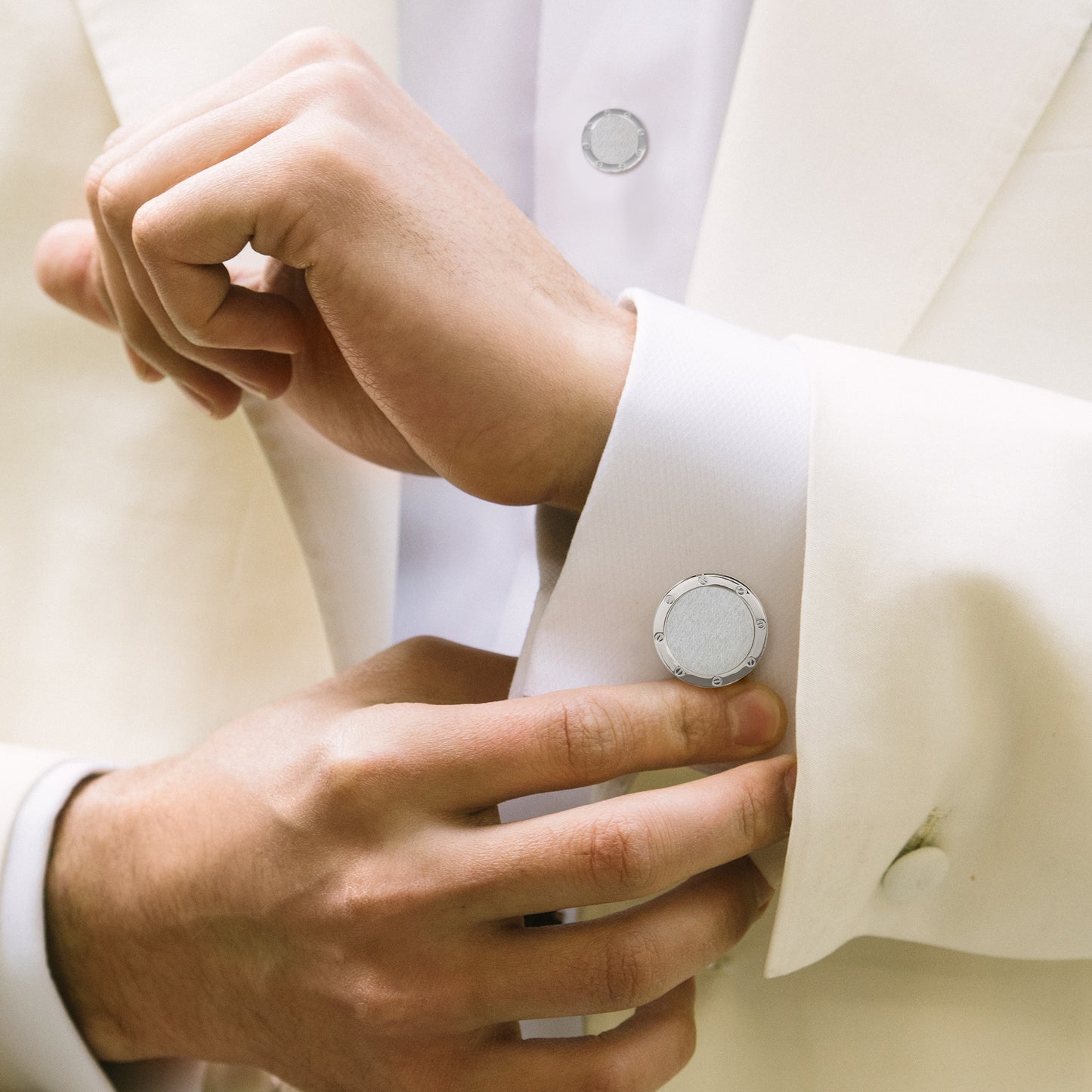 Matte with Shiny Etch Detail Rim Sterling Silver Cufflinks & Tuxedo Studs