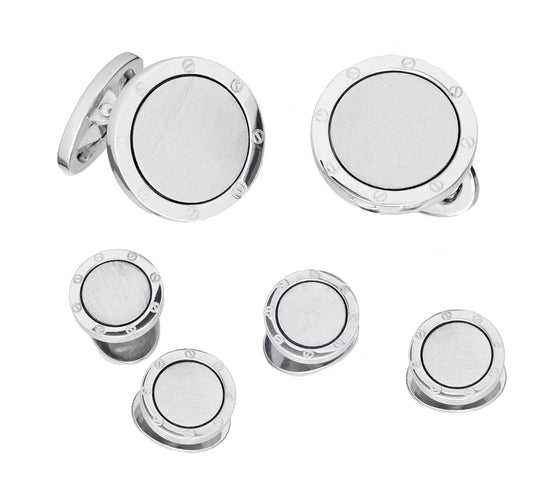 Matte with Shiny Etch Detail Rim Sterling Silver Cufflinks & Tuxedo Studs