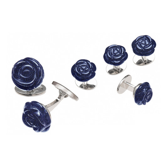 Hand Carved Gemstone Rose Sterling Silver Cufflinks and Tuxedo Studs in blue goldstone I Jan Leslie Cufflinks and Accessories. 