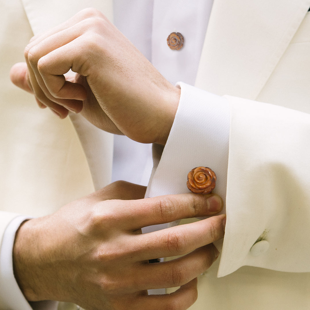 Hand Carved Tiger Eye Rose Sterling Silver Cufflinks and Tuxedo Studs