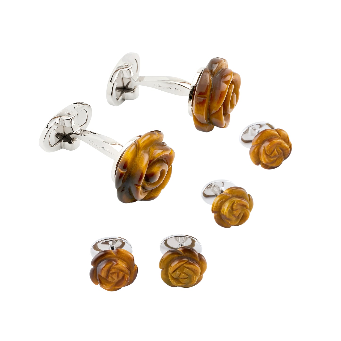 Hand Carved Tiger Eye Rose Sterling Silver Cufflinks and Tuxedo Studs