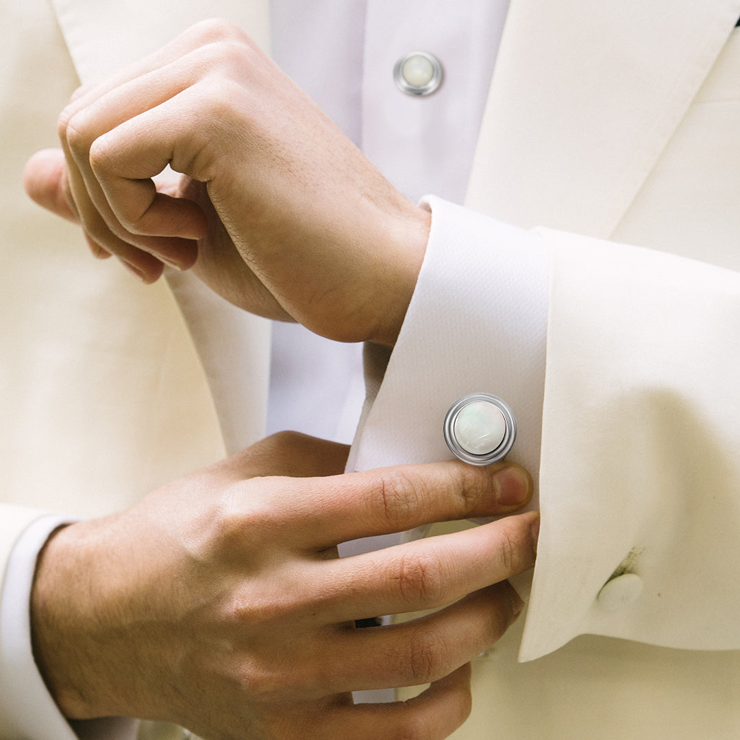 Cabochon Border Sterling Cufflinks & Studs