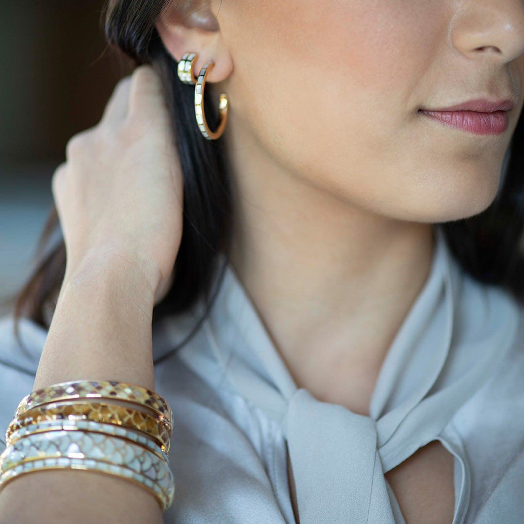 Model wearing Dash Climber Gemstone 18K Gold Vermeil Sterling Silver Earrings and Dash Hoop Gemstone 18K Gold Vermeil  Sterling Silver Earrings. 