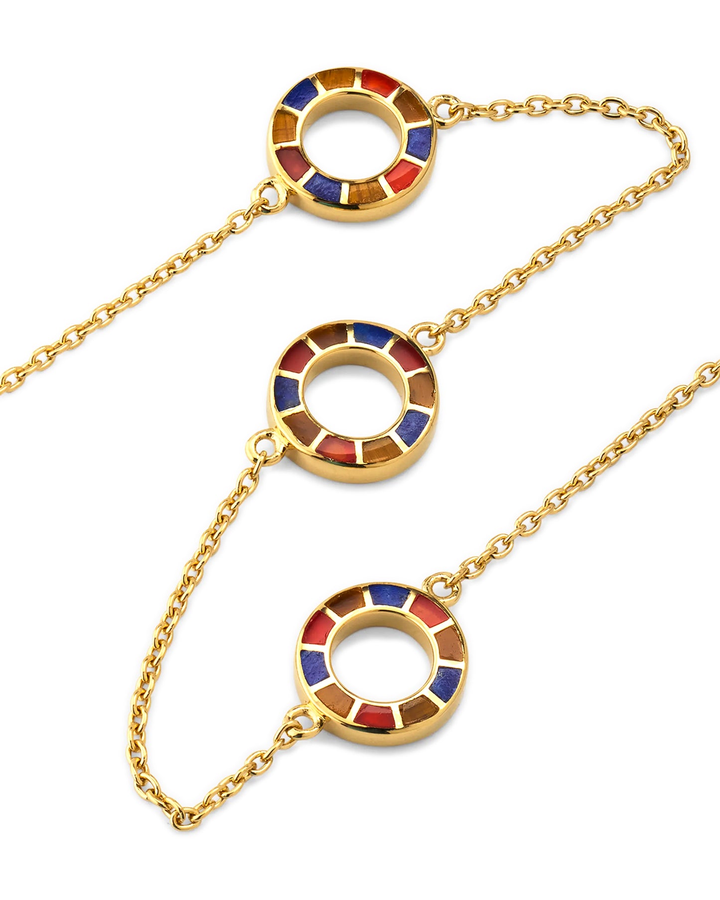 Lapis, Tigers Eye, and Carnelian Dash Triple Circle Station Necklace