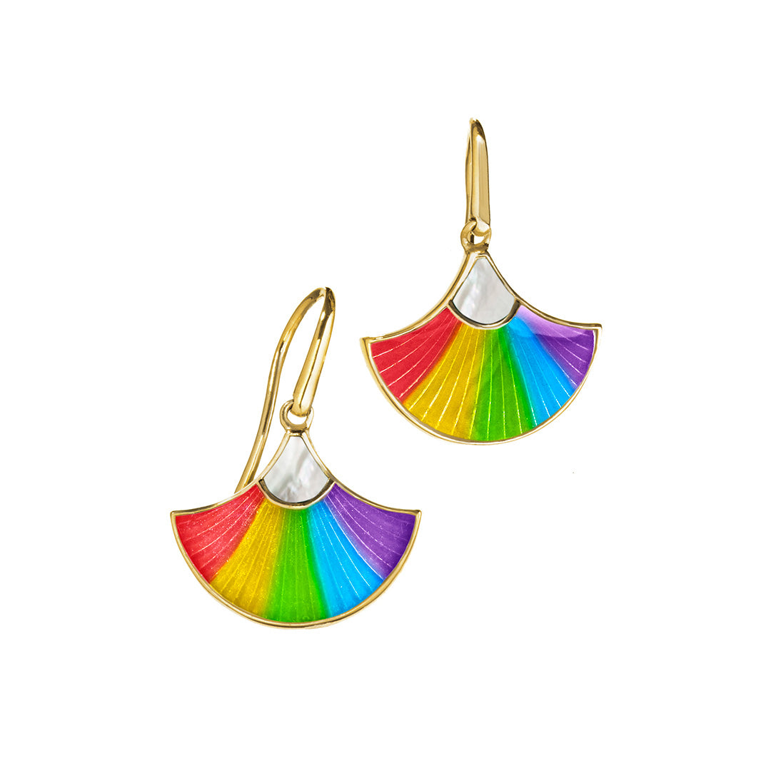 Fan Mother of Pearl and Rainbow Enamel 18K Vermeil Sterling Silver Earrings