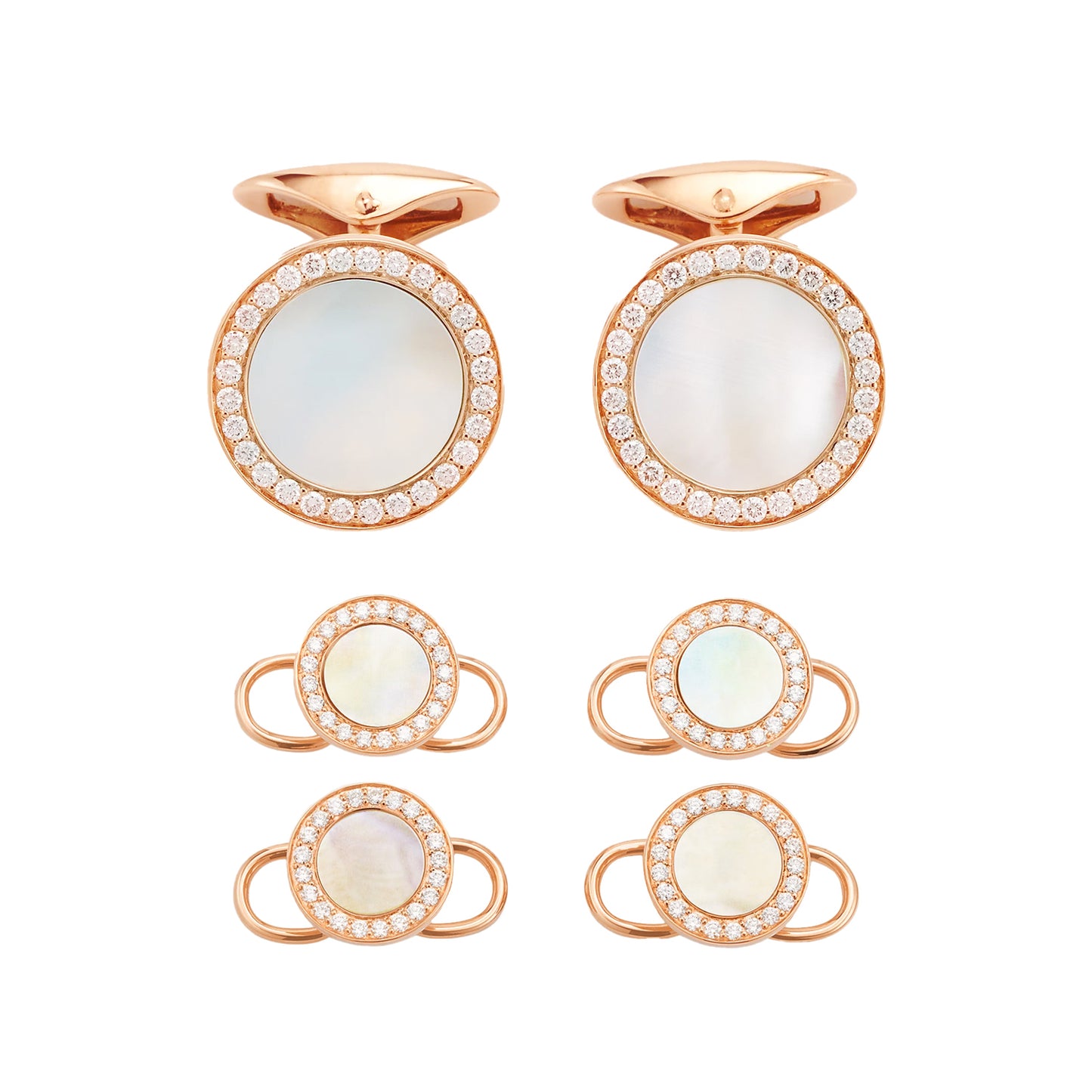 Mother of Pearl & Diamonds 18K Rose Gold Tuxedo Studs and Cufflinks Set