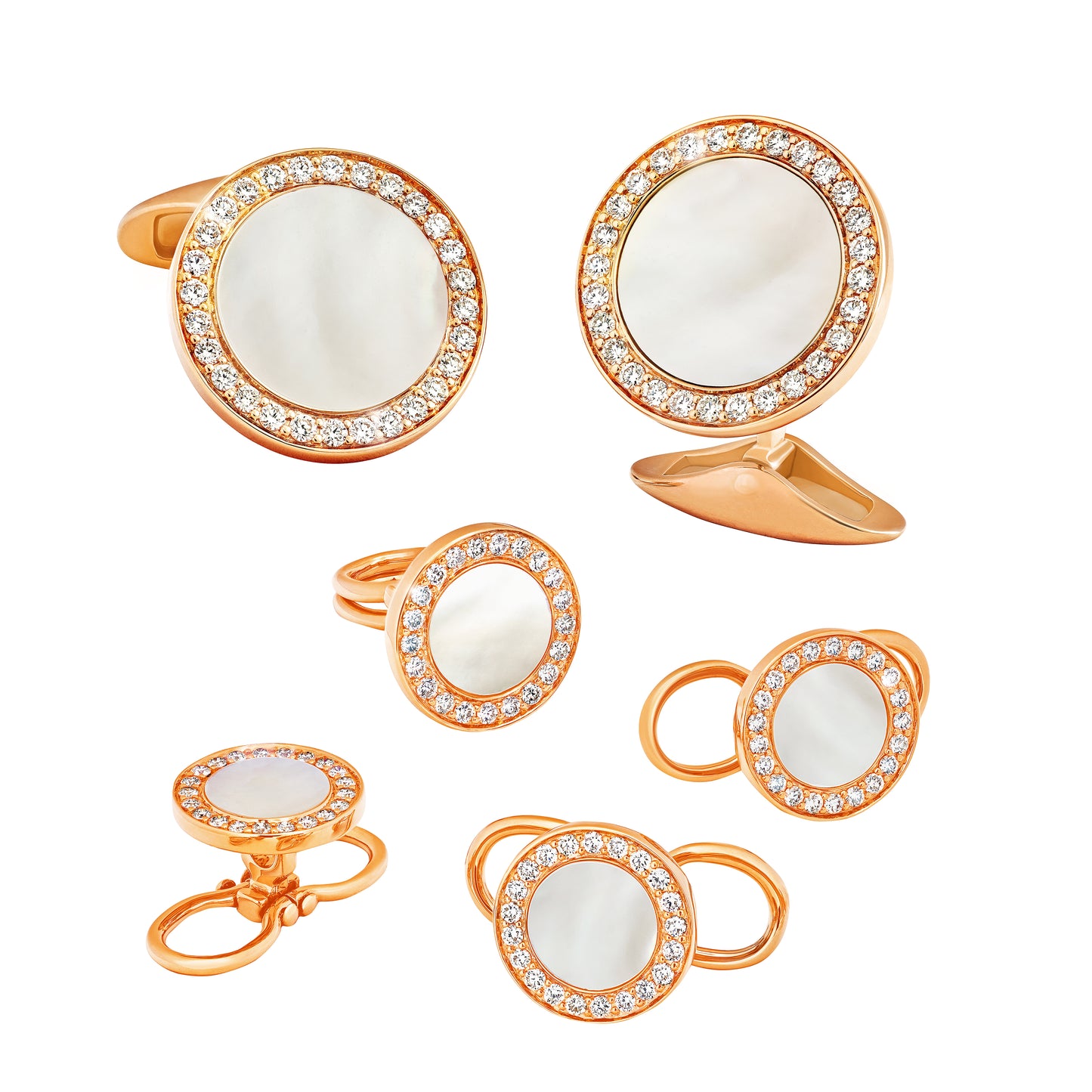 Mother of Pearl & Diamonds 18K Rose Gold Tuxedo Studs and Cufflinks Set