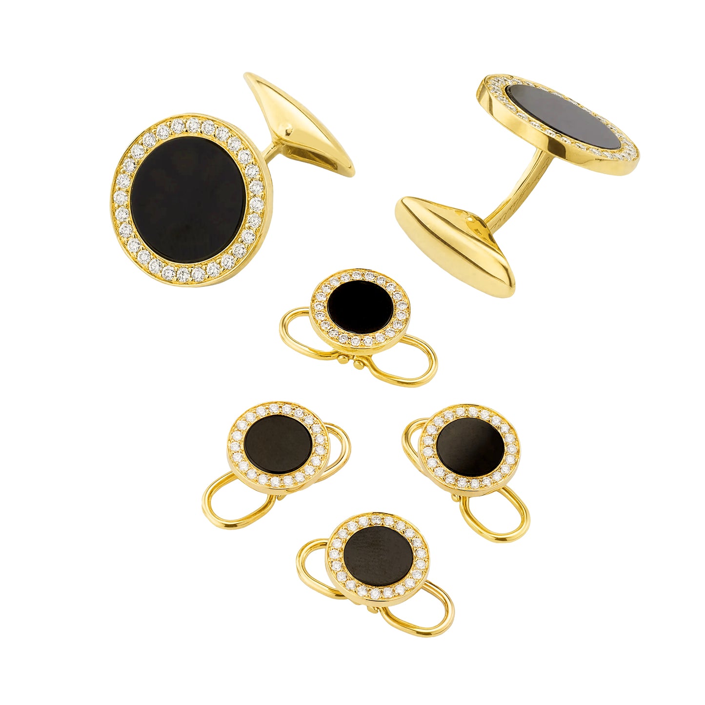 Black Onyx & Diamond 18Kt Gold Tuxedo Studs & Cufflinks Set