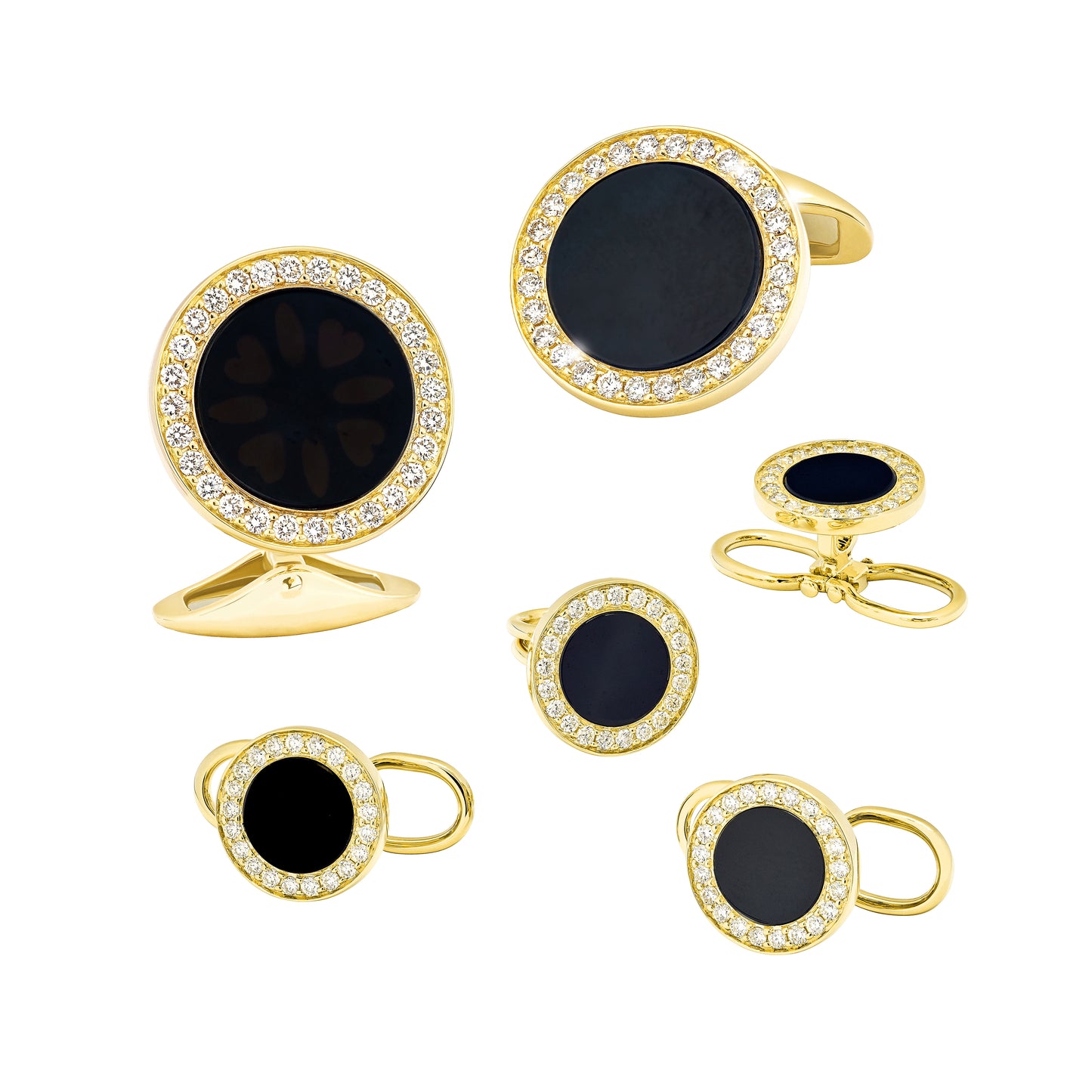 Black Onyx & Diamond 18Kt Gold Tuxedo Studs & Cufflinks Set