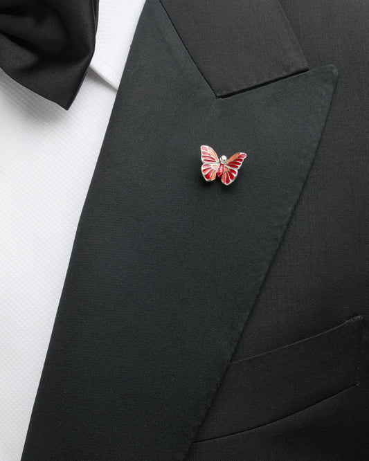 Red Hand Painted Enamel Butterfly Sterling Silver Lapel Pin I Jan Leslie