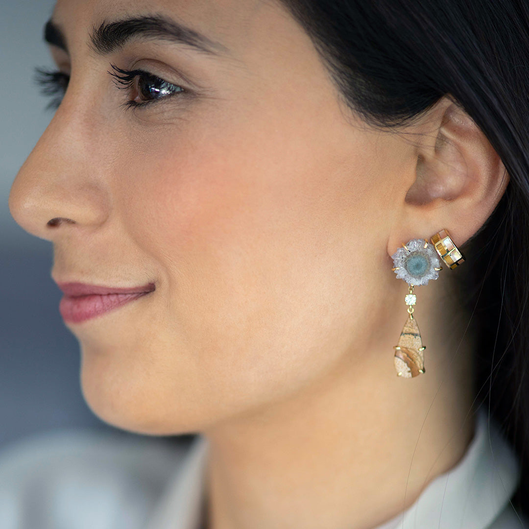 Model wearing tribal luxury 18K one of a Kind Gemstone Earring and Dash Climber Gemstone 18K Gold Vermeil Sterling Silver Earrings. 