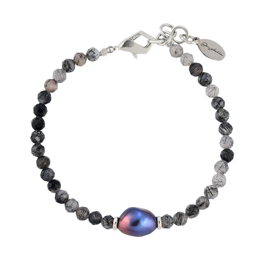 Rutliated Quartz Beaded Bracelet with Grey Pearl