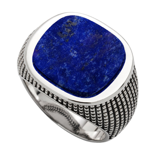 Lapis Sterling Silver Cross Etched Ring