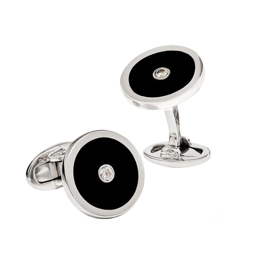 Black Onyx and Diamond Sterling Silver Round Cufflinks