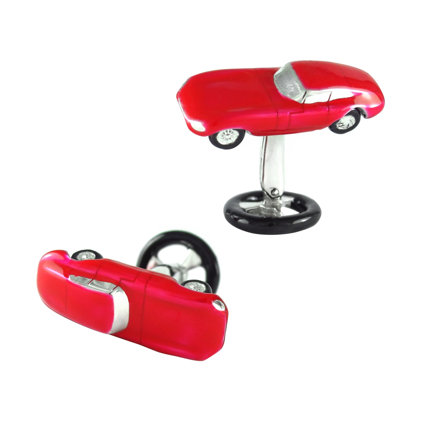 Red Vintage Car Sterling Cufflinks with Steering Wheel Backs