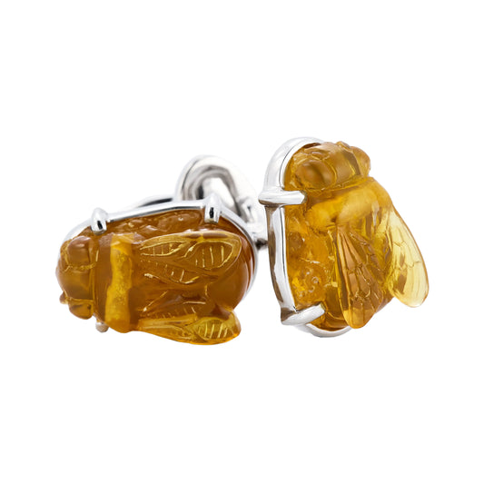 Carved Amber Gemstone Bee Sterling Silver Cufflinks I Jan Leslie