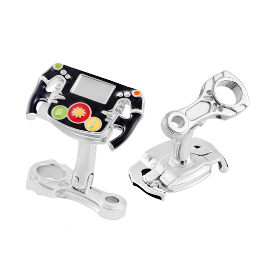 Race Car Steering Wheel Enamel Sterling Cufflinks