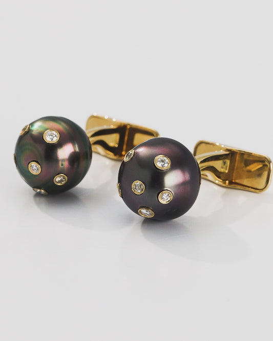 Black Pearls with Confetti Diamonds inlay on 18Karat Gold Cufflinks