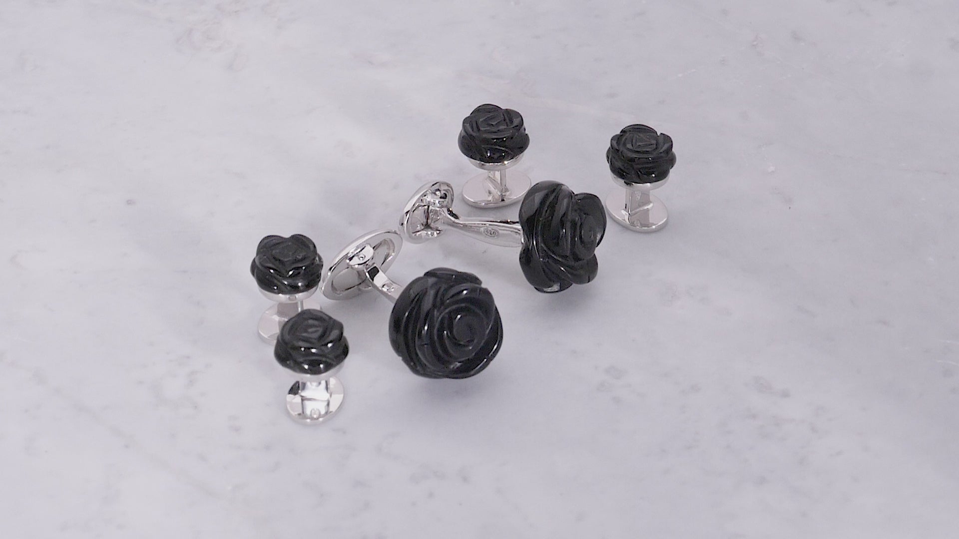 180 degree video of Hand Carved Gemstone Rose Sterling Silver Cufflinks and Tuxedo Studs. 