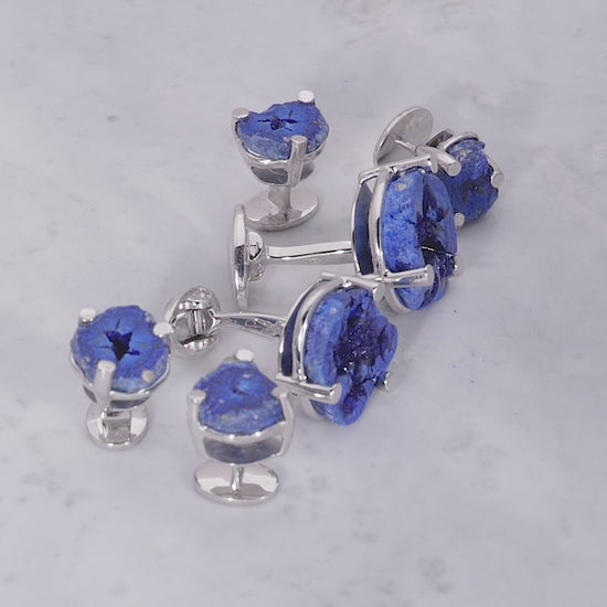 180 degree video of Azurite Geode Sterling Silver Cufflinks and Tuxedo Studs on marble background. 