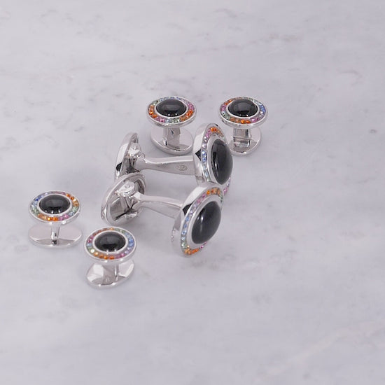 180 degree video of Jan Leslie's Onyx & Rainbow Pavé Sterling Silver Cufflinks & Tuxedo Stud Set. 