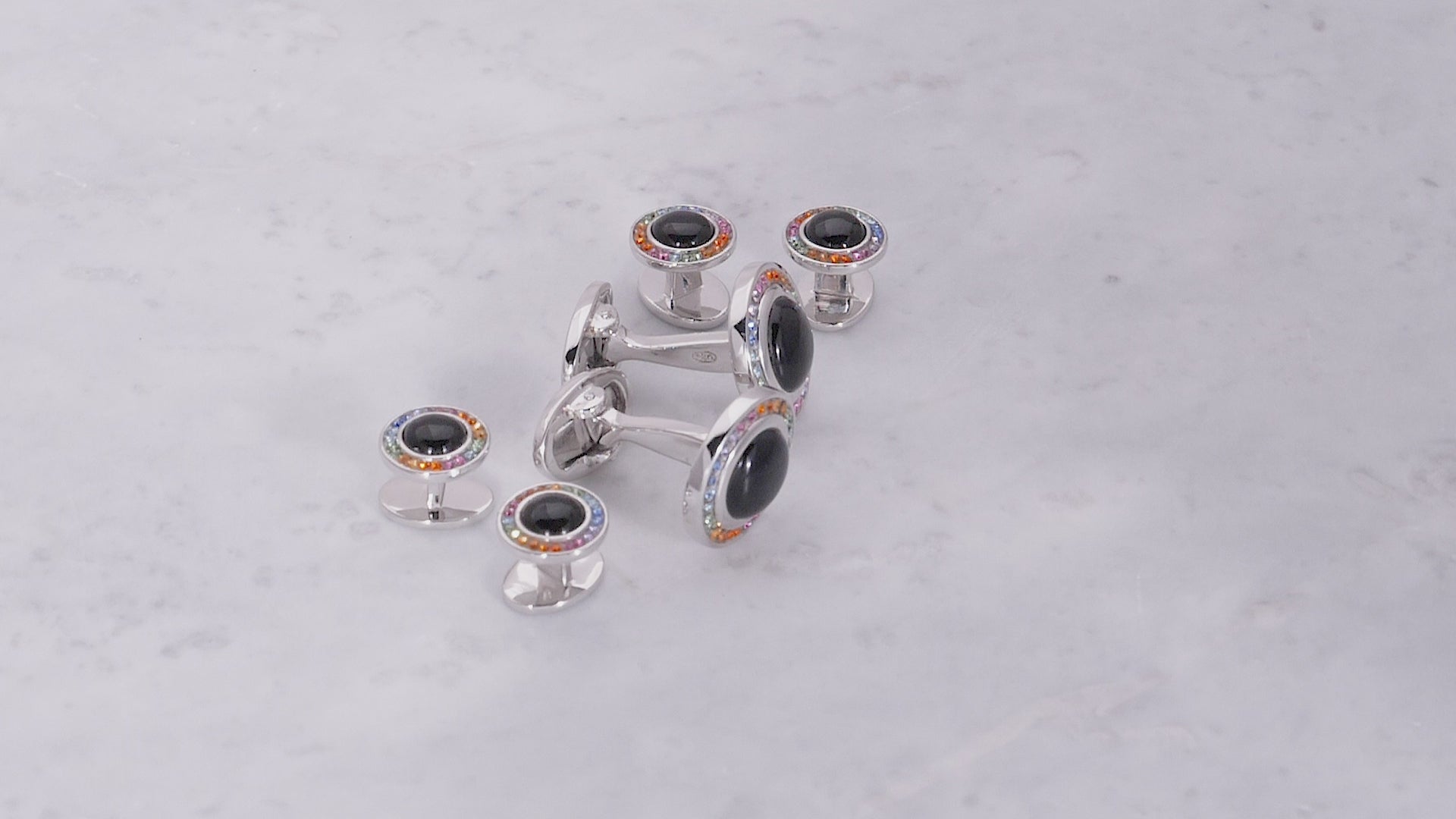 180 degree video of Jan Leslie's Onyx & Rainbow Pavé Sterling Silver Cufflinks & Tuxedo Stud Set. 