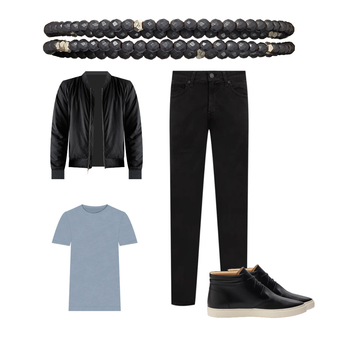 How to wear outfit board featuring Jan Leslie's Dark Grey Pyrite Bead Wrap Bracelet.  From top: Dark Grey Pyrite Bead Wrap Bracelet. Left to Right- black bomber jacket, dark denim, light blue t-shirt and black leather mid-rise sneakers.