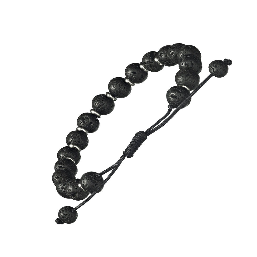 Back view of Jan Leslie's Lava Stone Bead Bracelet with Silver Spacer Beads on a Wax Cord. 