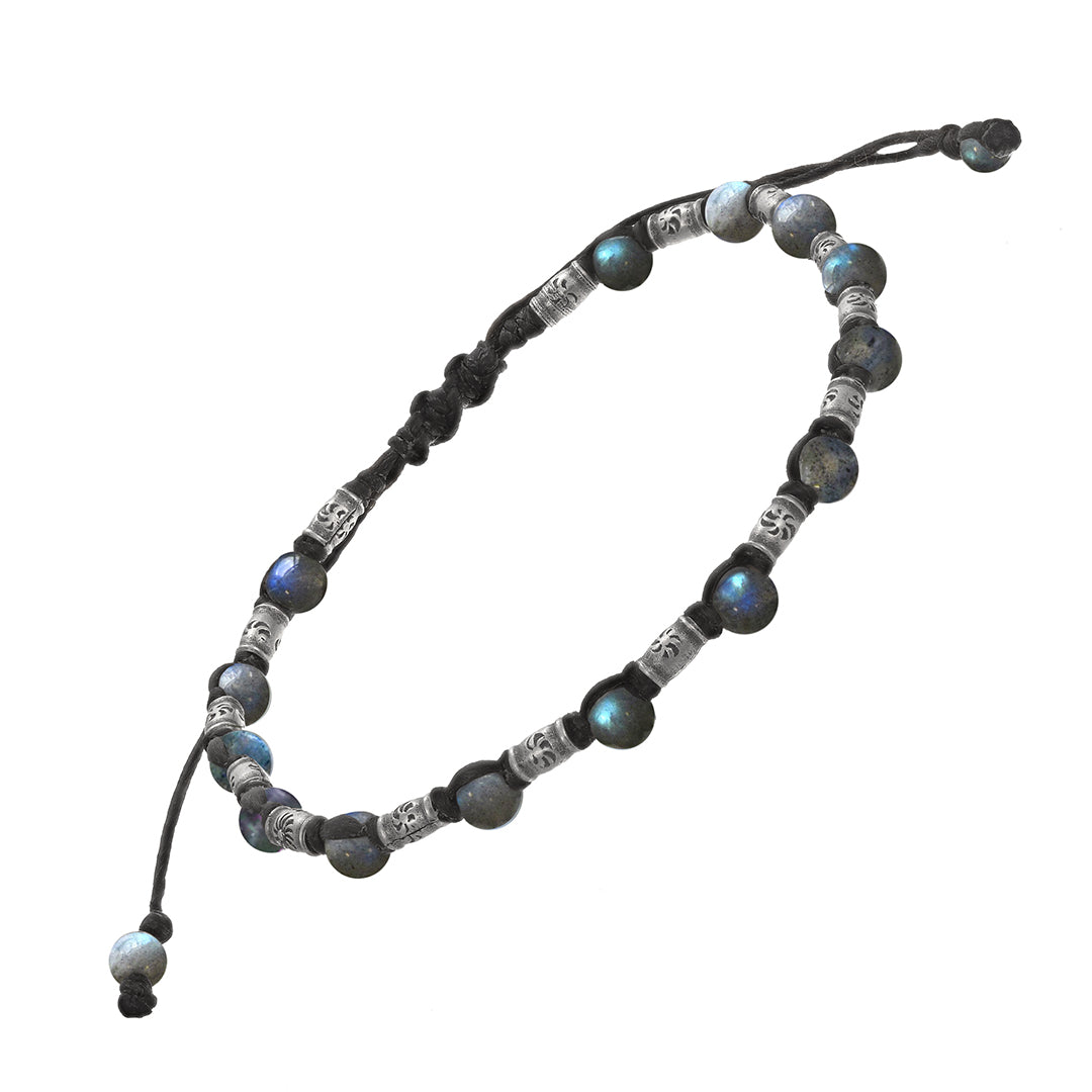 Gemstone & Sterling Silver Rivet Bead Pull Cord Bracelet in labradorite on black cord | Jan Leslie Cufflinks and Accessories. 