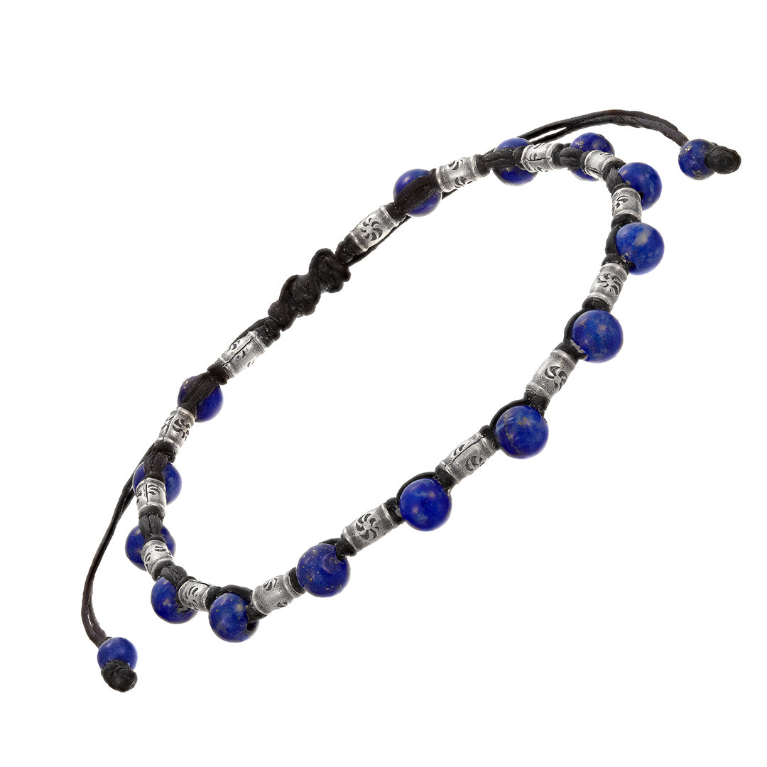 Gemstone & Sterling Silver Rivet Bead Pull Cord Bracelet in lapis with black pull cord. 