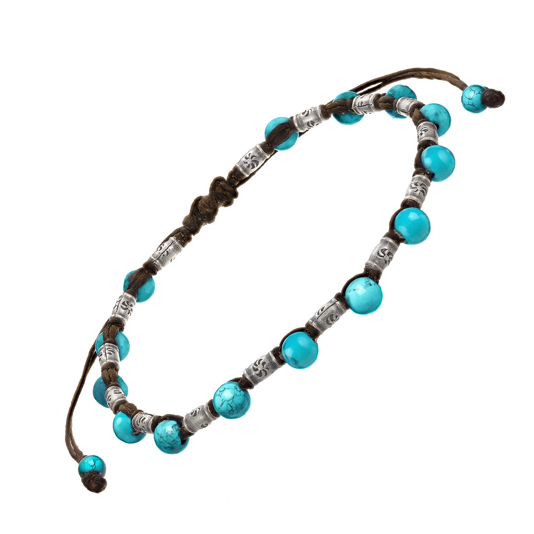 Gemstone & Sterling Silver Rivet Bead Pull Cord Bracelet in turquoise on brown cord  | Jan Leslie Cufflinks and Accessories. 