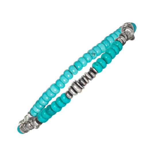 Turquoise Bracelet with Silver Tone Shell Beads on Elastic