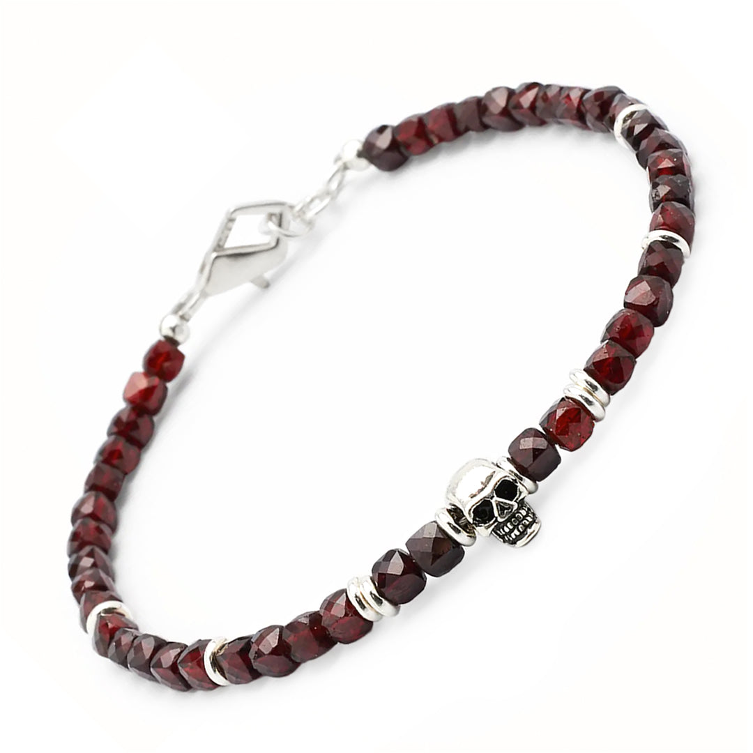 Faceted Garnet Gemstone Beaded Bracelet with Sterling Silver Skull I Jan Leslie Cufflinks and Accessories. 