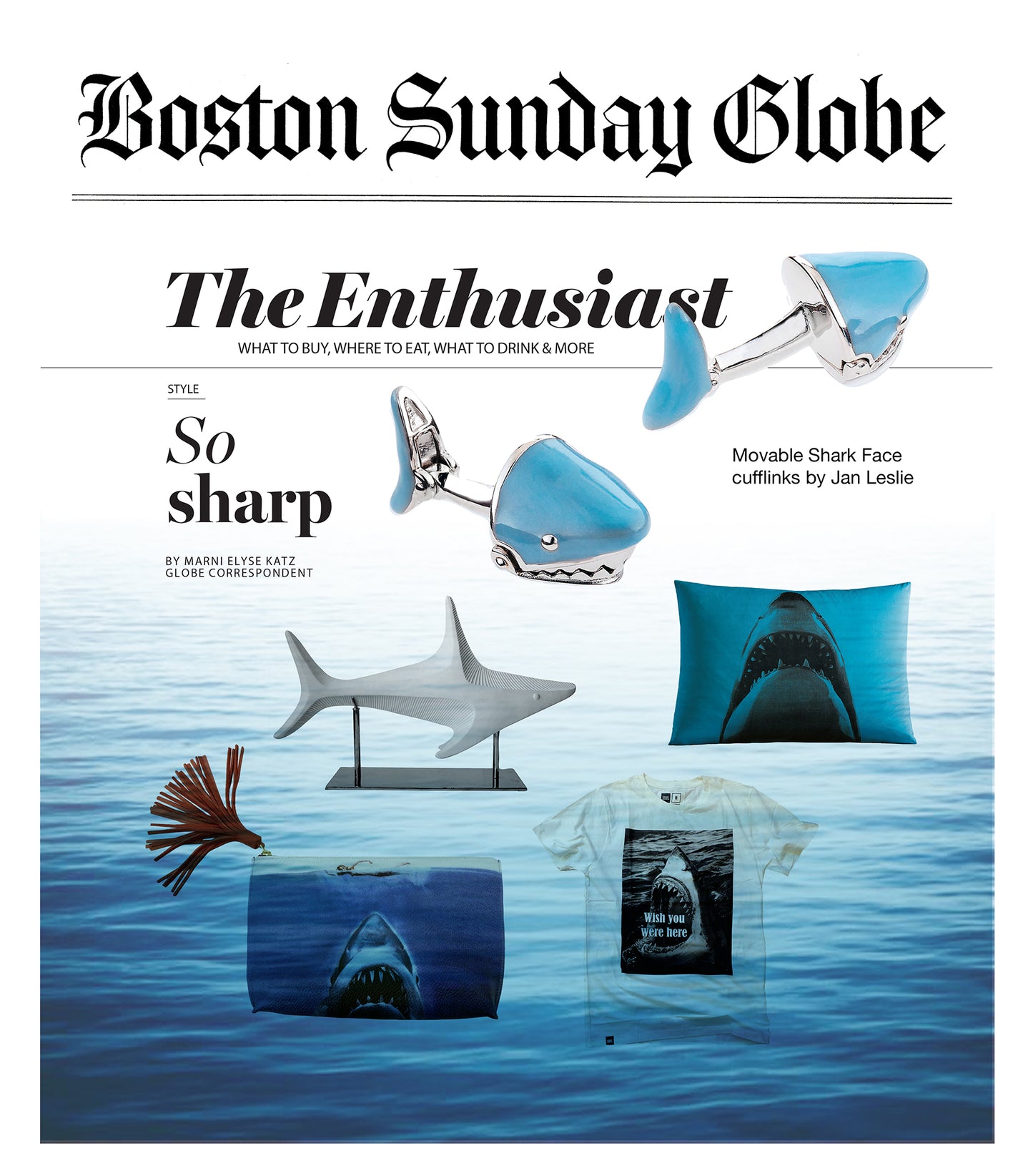 Picture of the Boston Sunday Globe article featuring Jan Leslie's Shark with moving Jaw in Sterling Silver and hand painted enamel Cufflinks. 