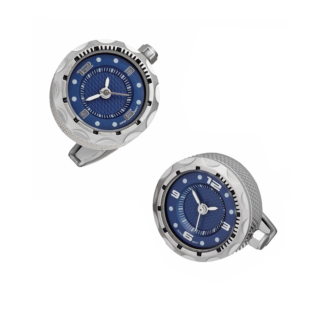 Miniature Face Watch Stainless Steel & Sterling Silver Cufflinks in blue with brushed silver casting | Jan Leslie Cufflinks and Accessories. 