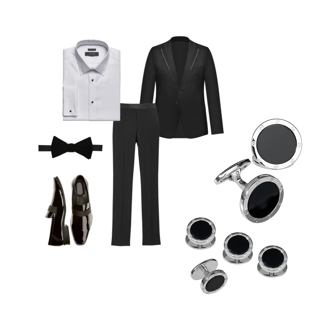 How to wear board featuring Jan Leslie's Onyx Gemstone with Rivet Etch Detail Sterling Silver Cufflinks & Tuxedo Studs. From top to bottom and left to right: white tuxedo shirt folded accented with Onyx Gemstone with Rivet Etch Detail Sterling Silver Cufflinks & Tuxedo Studs, black tuxedo pants, a black tuxedo jacket with a black ribbon accented lapel. Black bow tie, black patent leather loafers and Onyx Gemstone with Rivet Etch Detail Sterling Silver Cufflinks & Tuxedo Studs on the side to the right. 