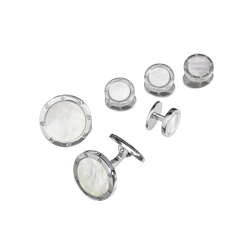 Mother of Pearl Gemstone with Rivet Etch Detail Sterling Silver Cufflinks &  Tuxedo Studs I Jan Leslie