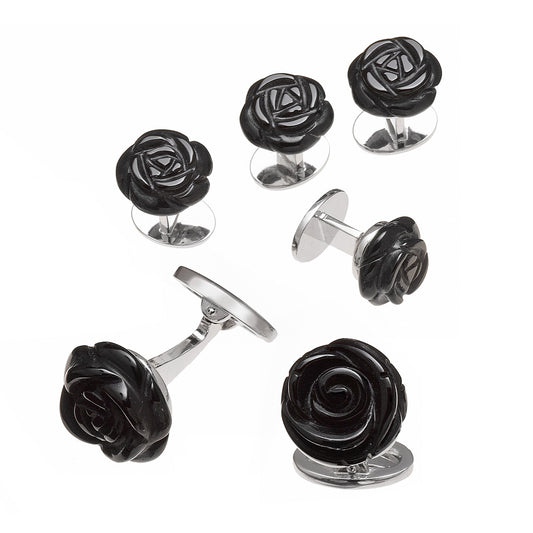 Hand Carved Gemstone Rose Sterling Silver Cufflinks and Tuxedo Studs in black onyx I Jan Leslie Cufflinks and Accessories.