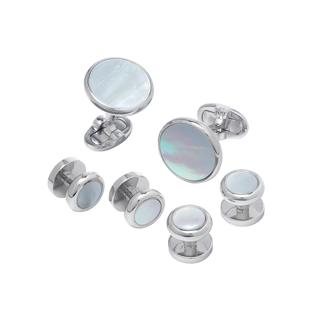 Gemstone Inlay Classic Round Sterling Silver Rim Cufflink and Tuxedo Stud Set with mother of pearl inlay I Jan Leslie Cufflinks and Accessories. 