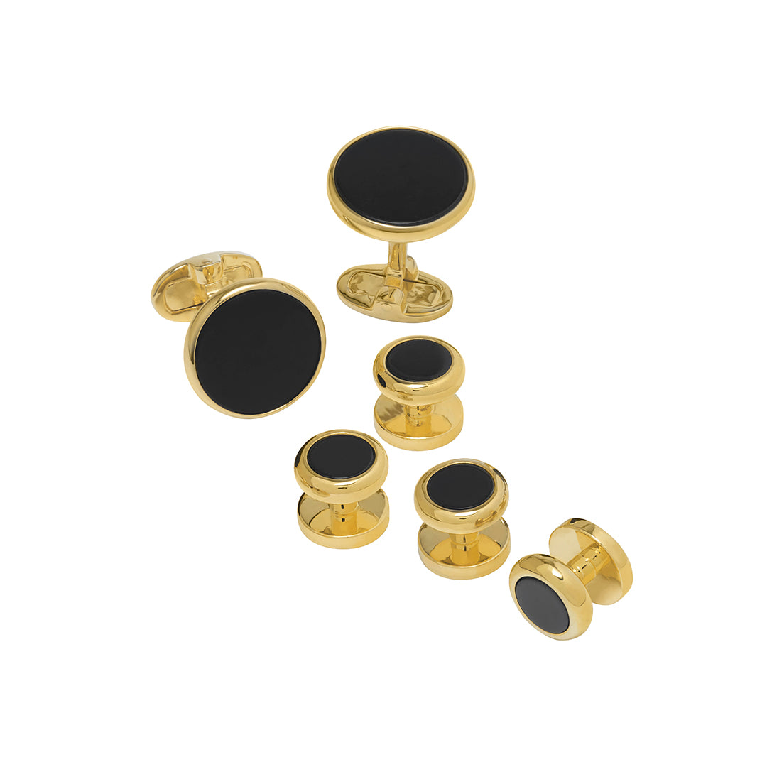 Gemstone Inlay Classic Round 18K Vermeil Rim Cufflink & Tuxedo Set with black onyx inlay I Jan Leslie Cufflinks and Accessories. 