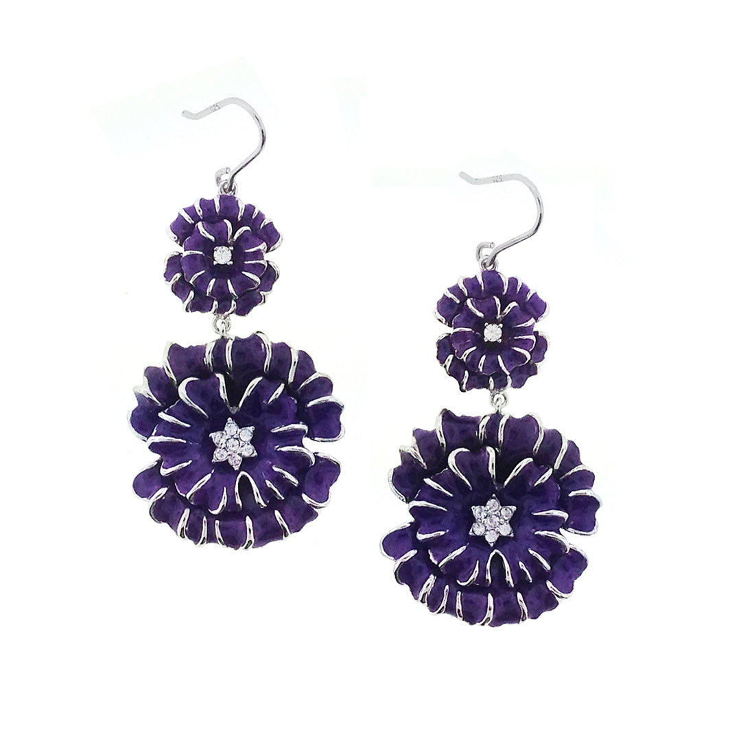 Flower Dangle Sterling Silver Earrings with purple enamel I Jan Leslie Cufflinks and Accessories. 