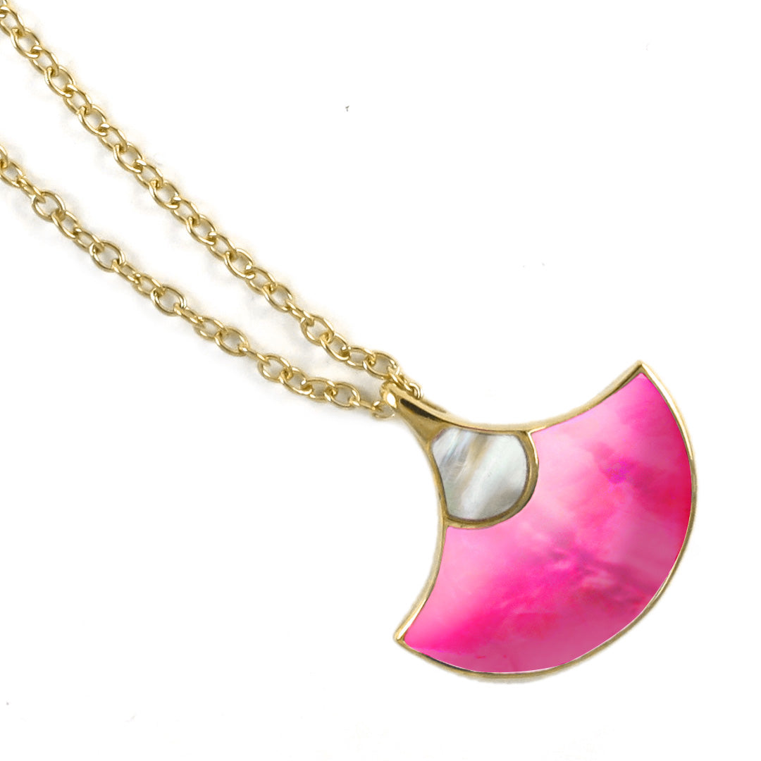 Neon Fan Mother of Pearl and Hand-Painted Enamel Pendant 18K Gold Vermeil Sterling Silver Necklace