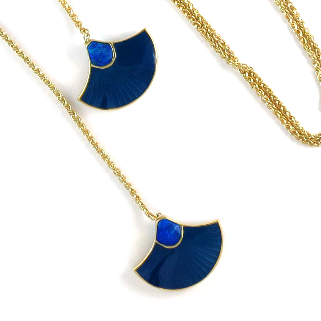 Fan Gemstone & Enamel Vermeil Sterling Silver Bolo Pendant Necklace in lapis and blue on gold. 