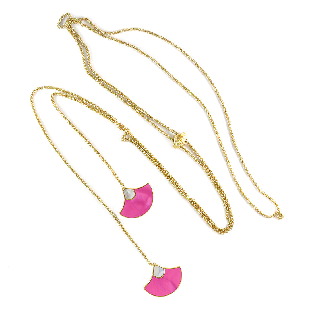 Fan Gemstone & Enamel Vermeil Sterling Silver Bolo Pendant Necklace in mother of pearl and neon pink on gold. 