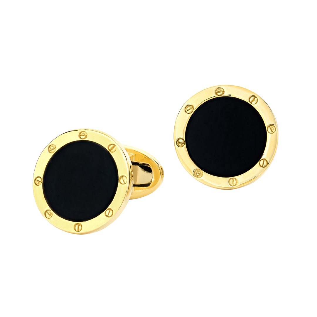 Onyx Gemstone with Rivet Etch Detail 18K Yellow Gold Cufflinks I Jan Leslie Cufflinks and Accessories. 