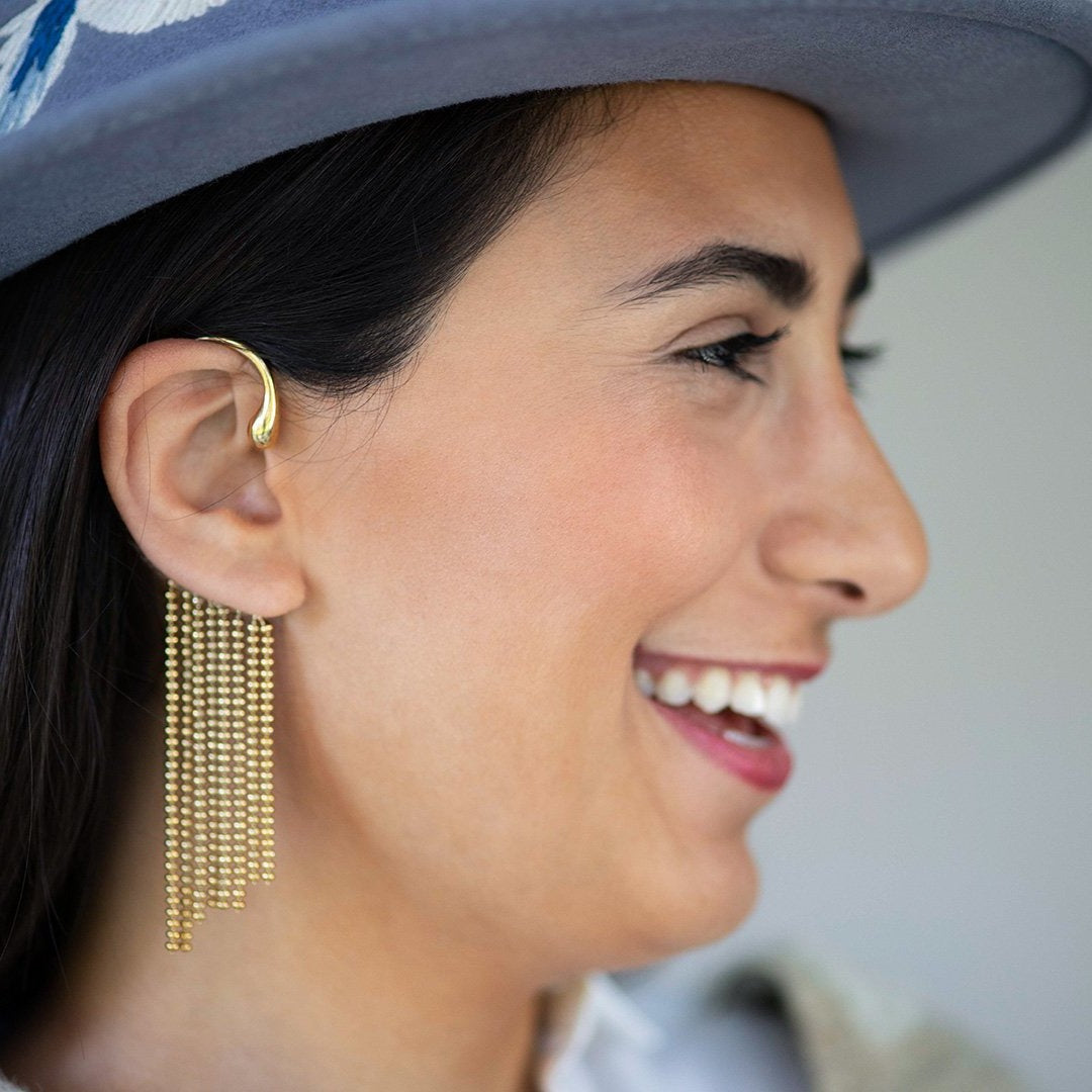 Model wearing Adjustable Ear Cuff Sterling Silver with Dancing Chain - 8 strand ball chain I Jan Leslie 